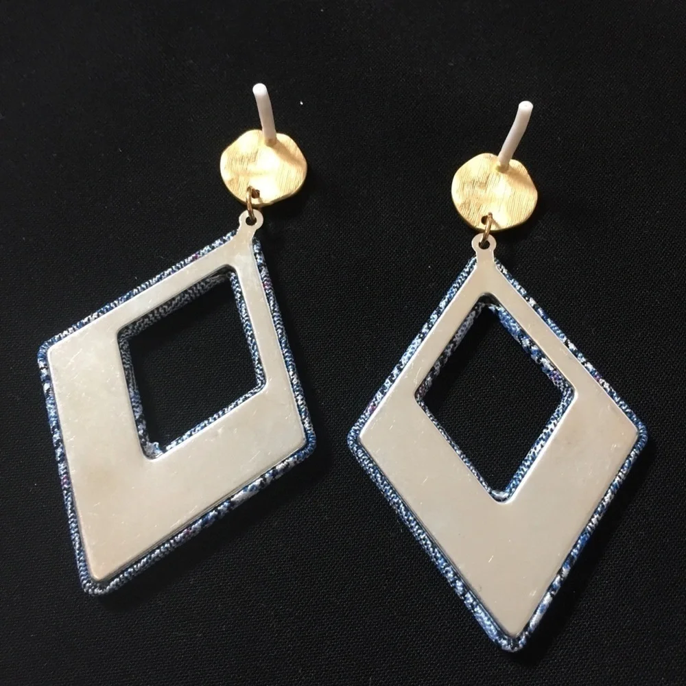 Gold-tone blue plaid print Rectangle drop earrings